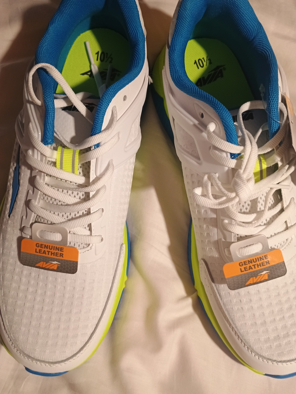 Avia White Athletic Shoes with Blue & Neon Green Accents